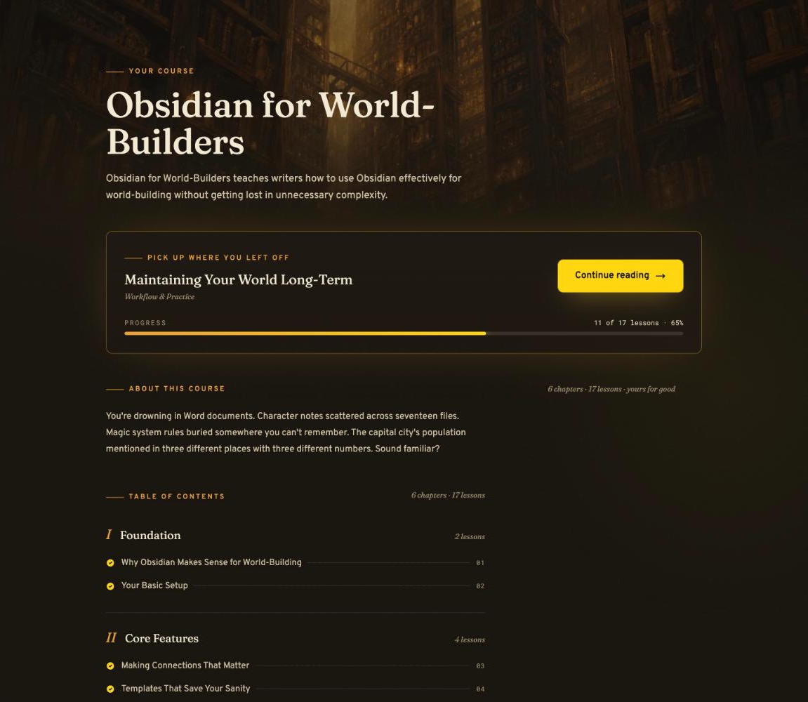 Obsidian for World-Builders inside the Tavern: 6 chapters, 17 lessons, with the full table of contents