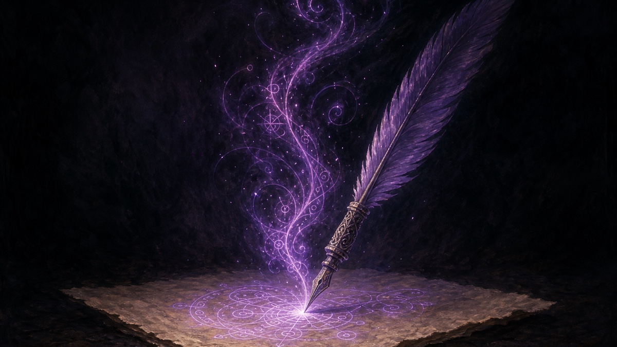 A spellbook open on a desk, its pages glowing