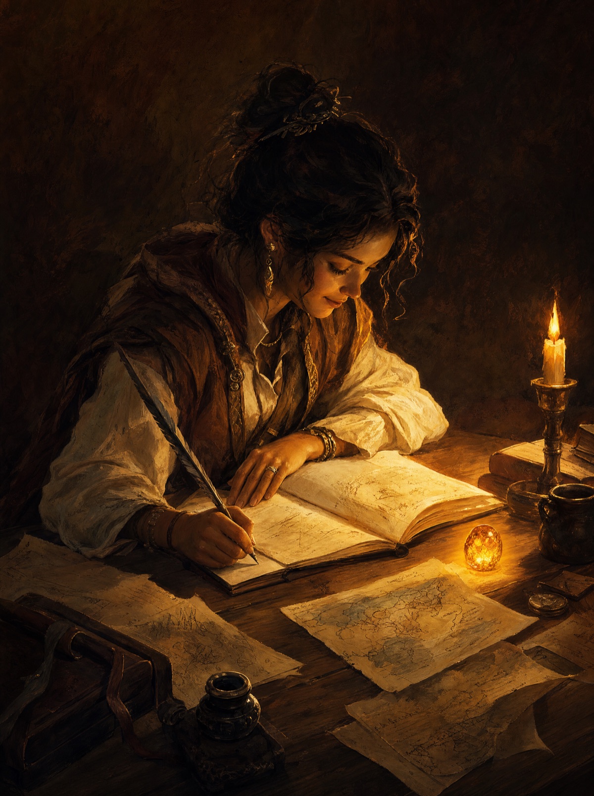 A worldbuilder writing by candlelight, absorbed and content, surrounded by hand-drawn maps and pages with a softly glowing seed-stone on the desk